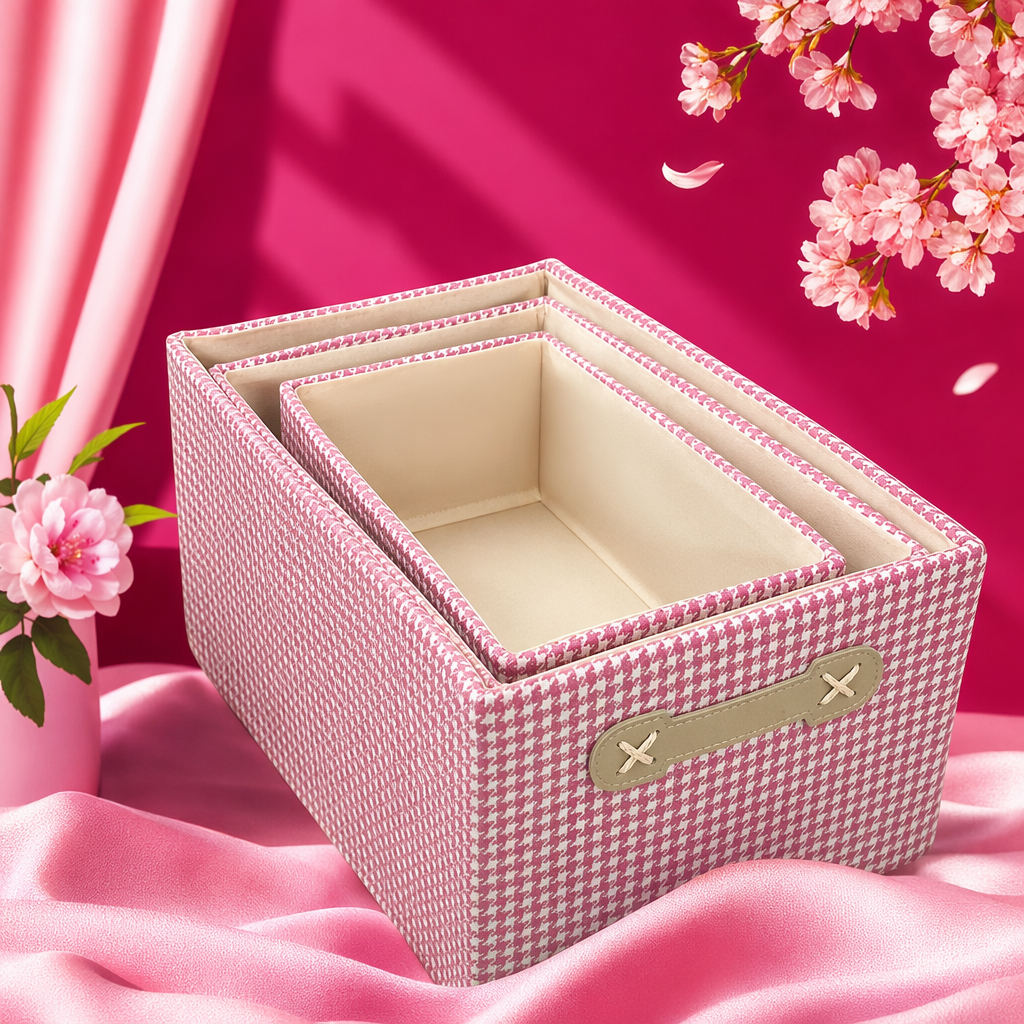 Pink checkered fabric storage box, multi-functional organizing box, for bedroom, living room and desktop storage Specification image