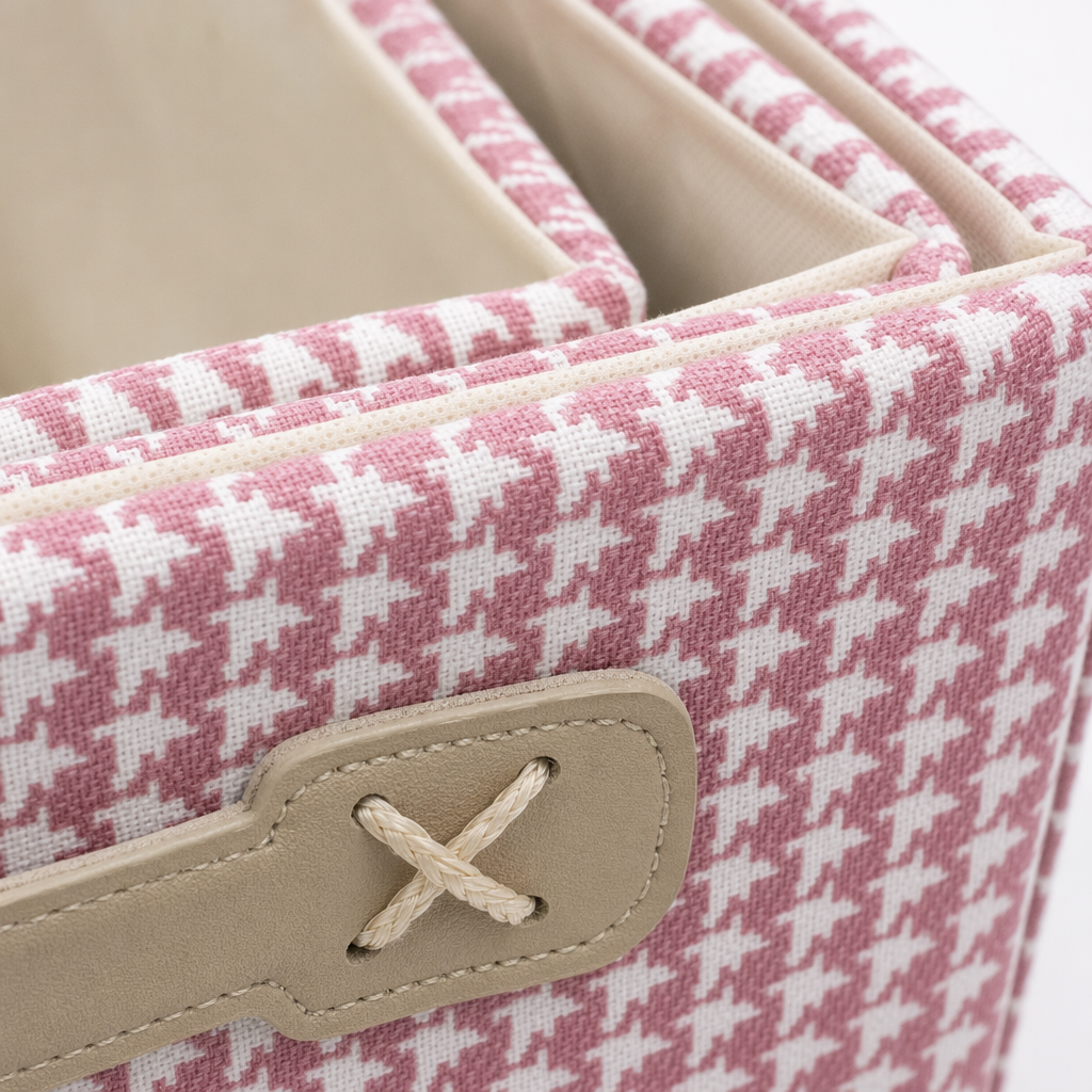 Pink checkered fabric storage box, multi-functional organizing box, for bedroom, living room and desktop storage Application Scenario