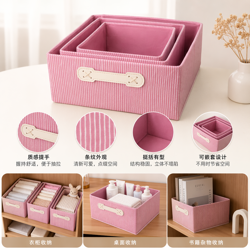Pink striped fabric storage box, home desktop organization box, simple Nordic style