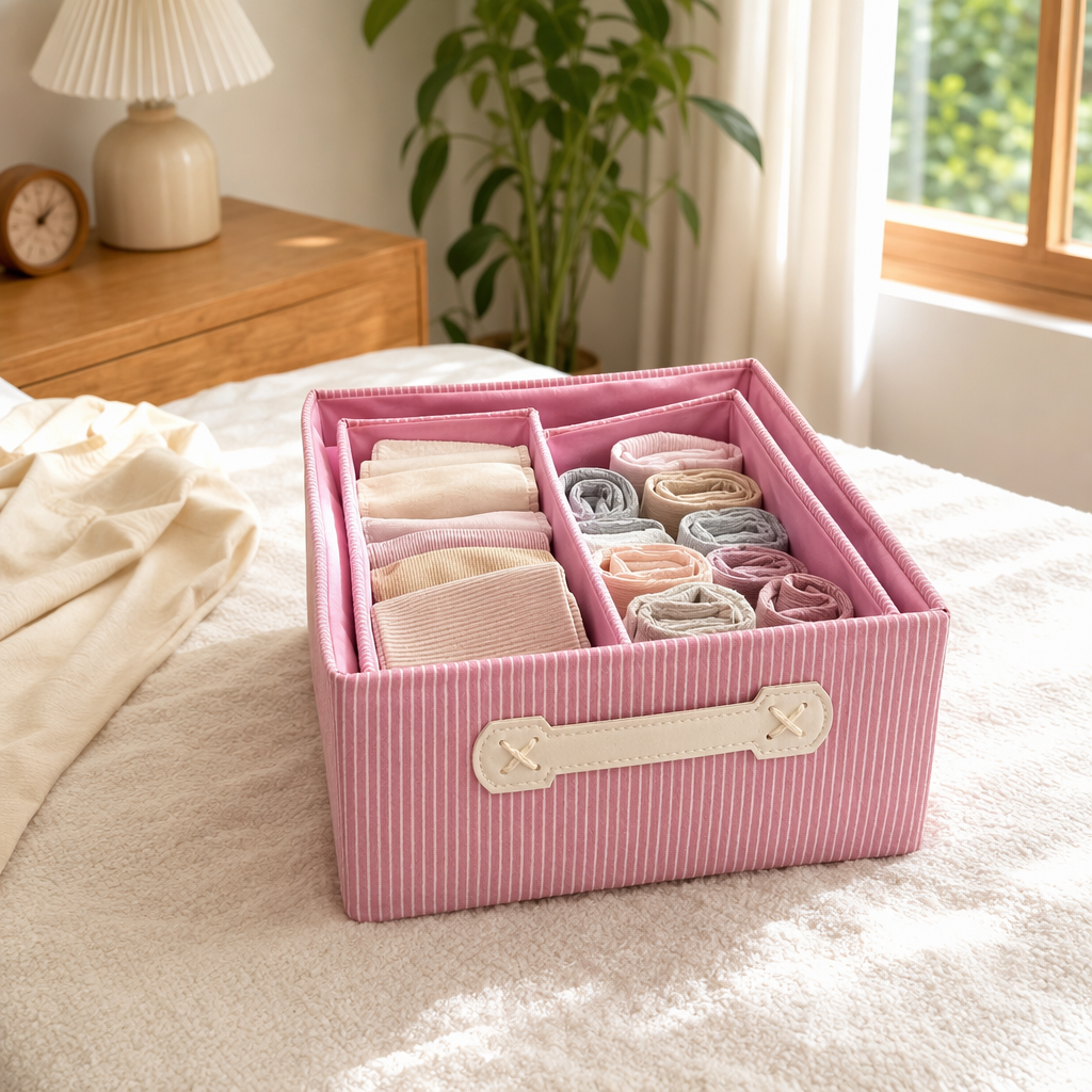 Pink striped fabric storage box, home desktop organization box, simple Nordic style details Picture