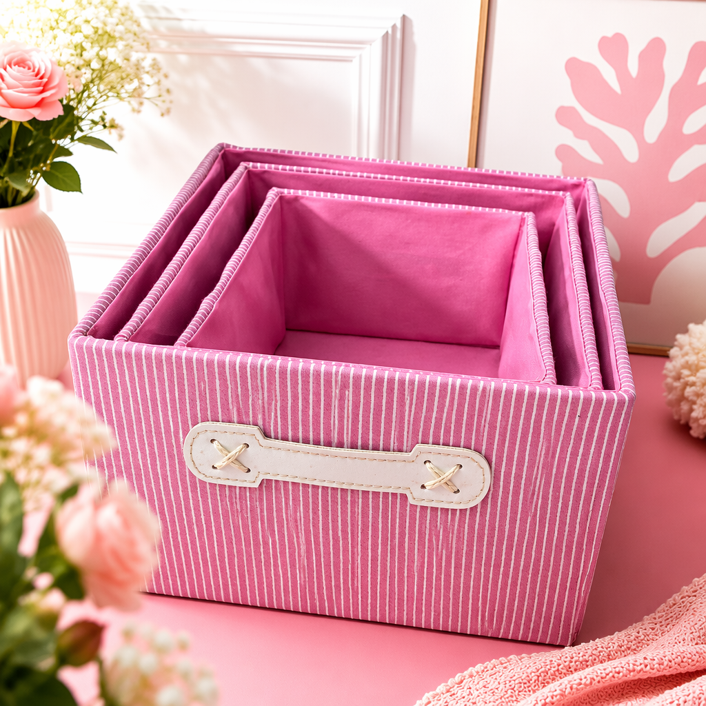 Pink striped fabric storage box, home desktop organization box, simple Nordic style Specification image
