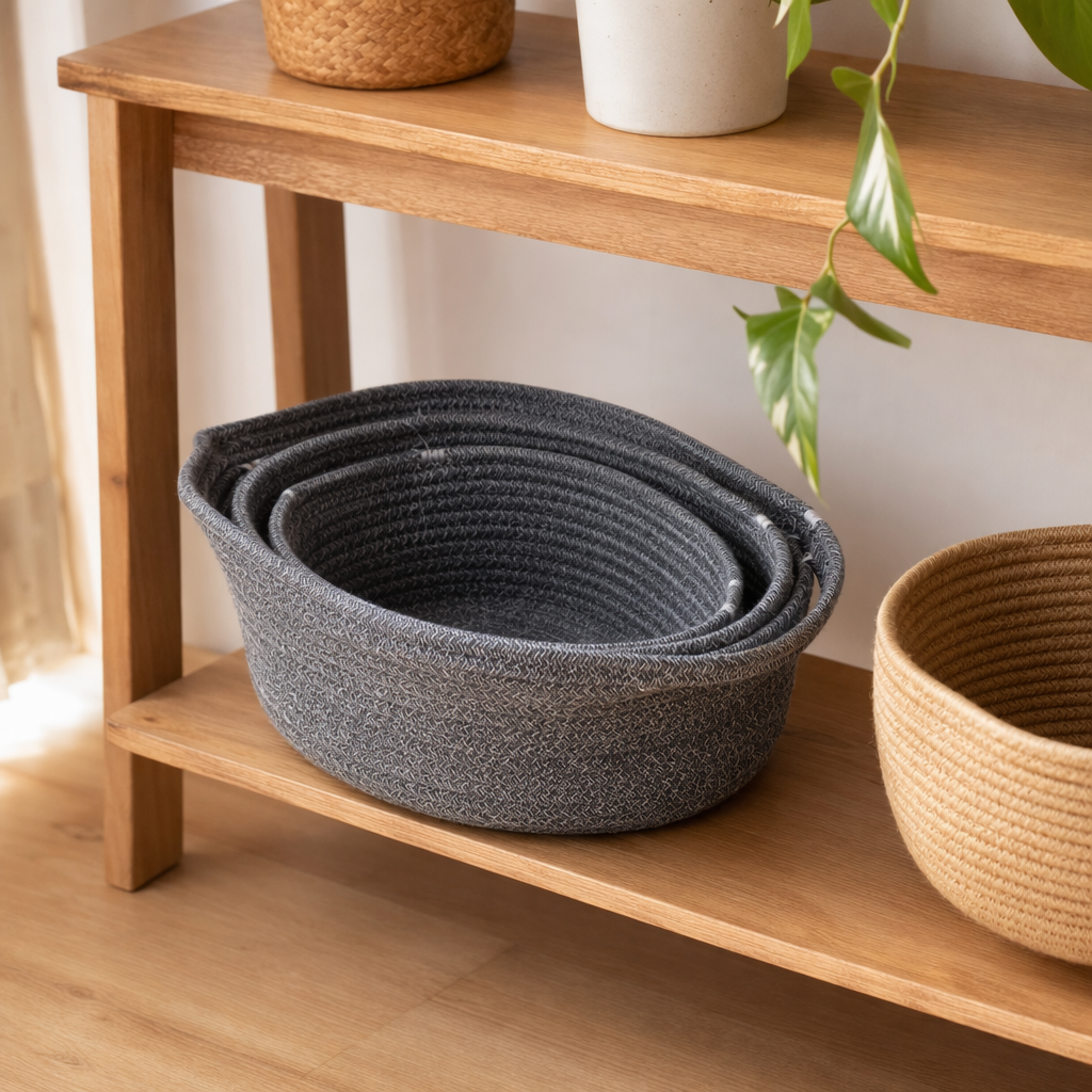 Grey woven basket for home storage, living room and bedroom storage, simple Nordic style details Picture