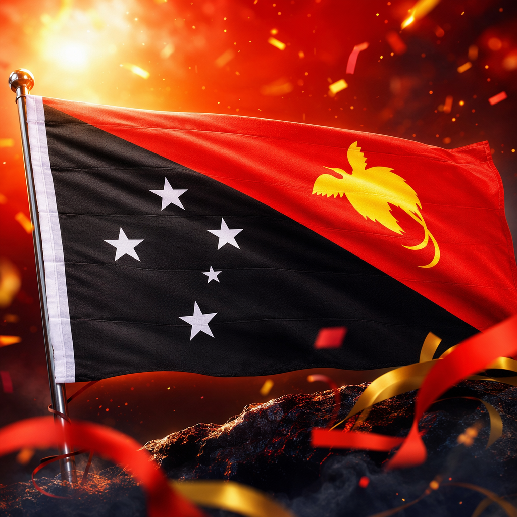 Bandera roja y negra con cinco estrellas blancas y un pájaro amarillo adorna la bandera Specification image