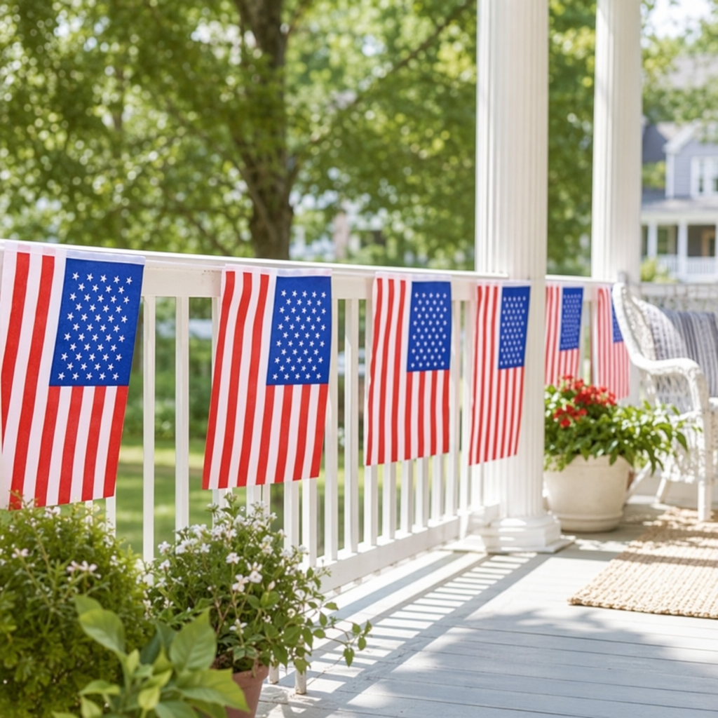 American flag strings in red, white and blue decorate outdoor courtyard party supplies details Picture