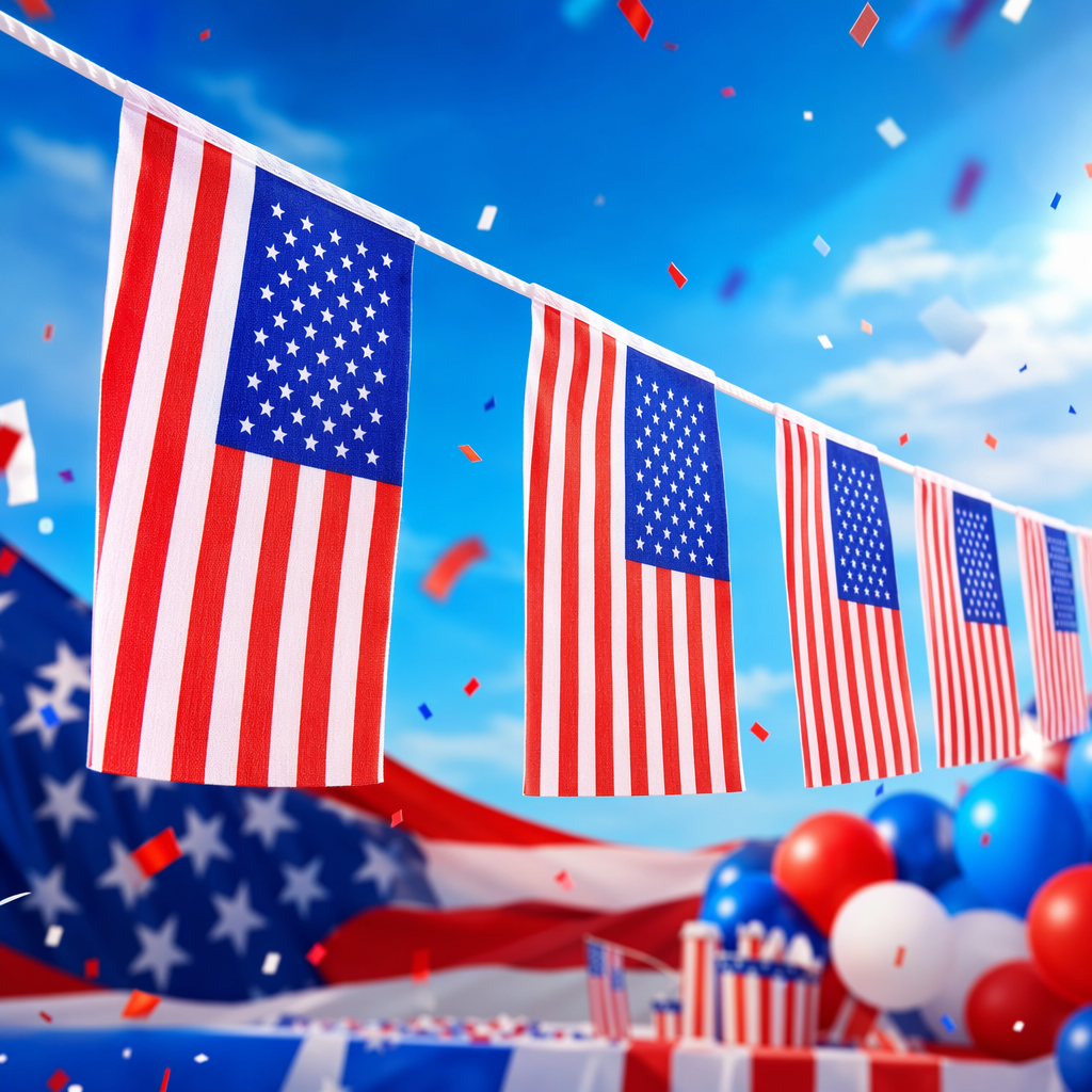 American flag strings in red, white and blue decorate outdoor courtyard party supplies Specification image