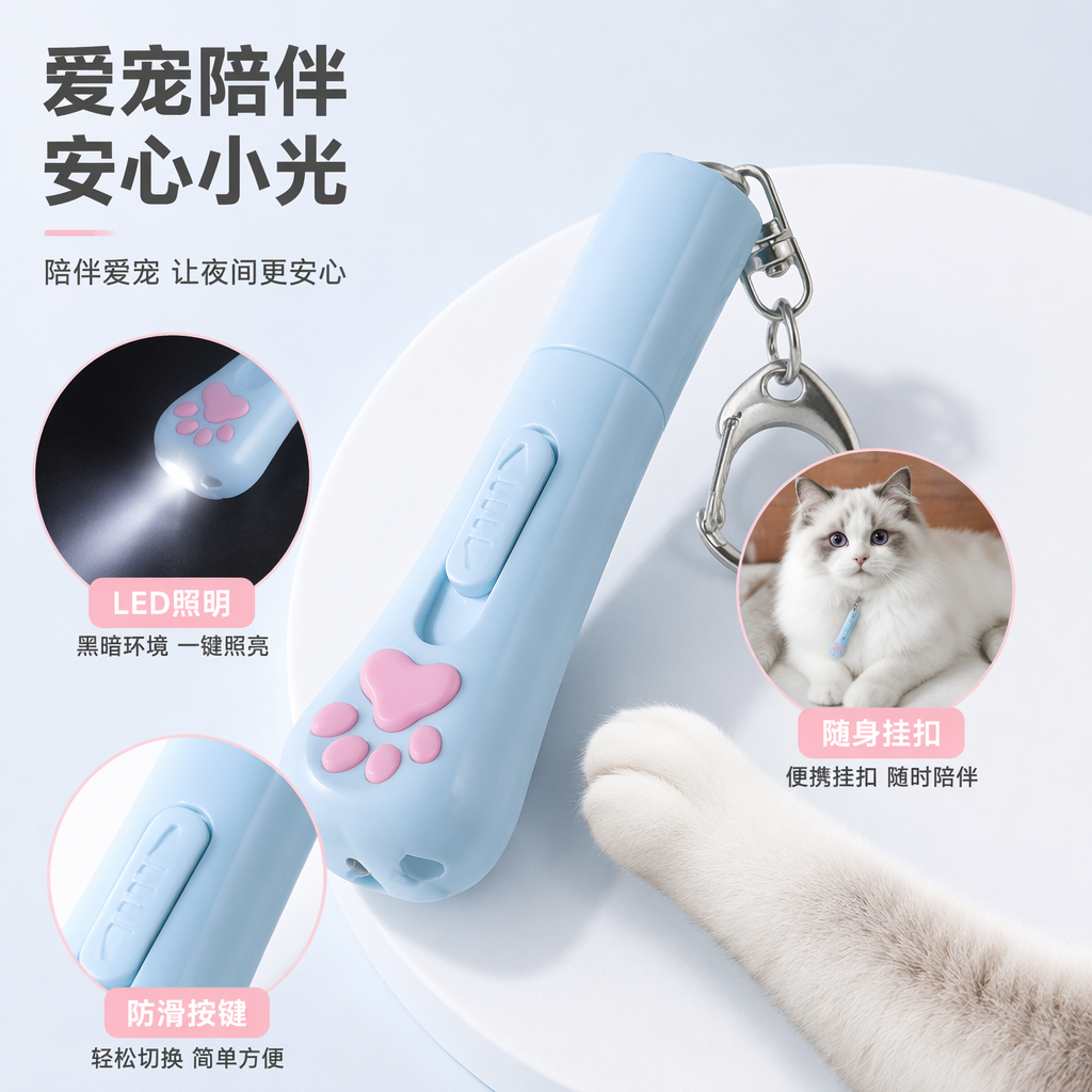 浅蓝色猫形钥匙扣激光笔创意实用小巧便携