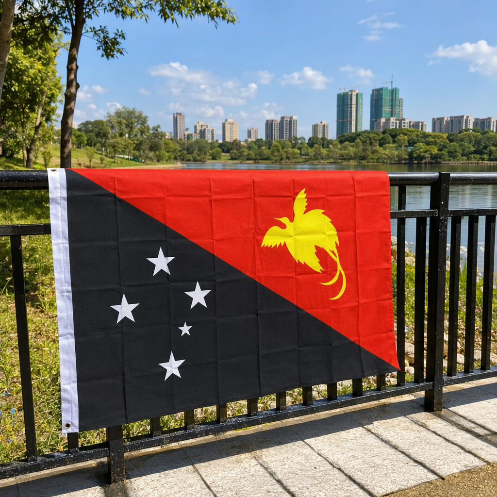 The red and black diagonal flags are decorated with yellow bird and white star patterns details Picture