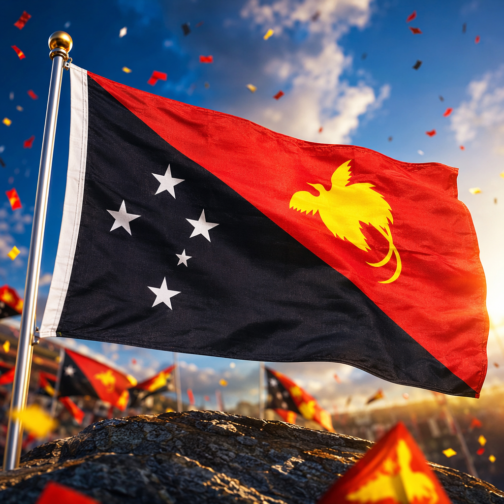 The red and black diagonal flags are decorated with yellow bird and white star patterns Specification image