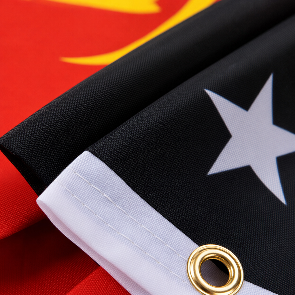 The red and black diagonal flags are decorated with yellow bird and white star patterns Application Scenario