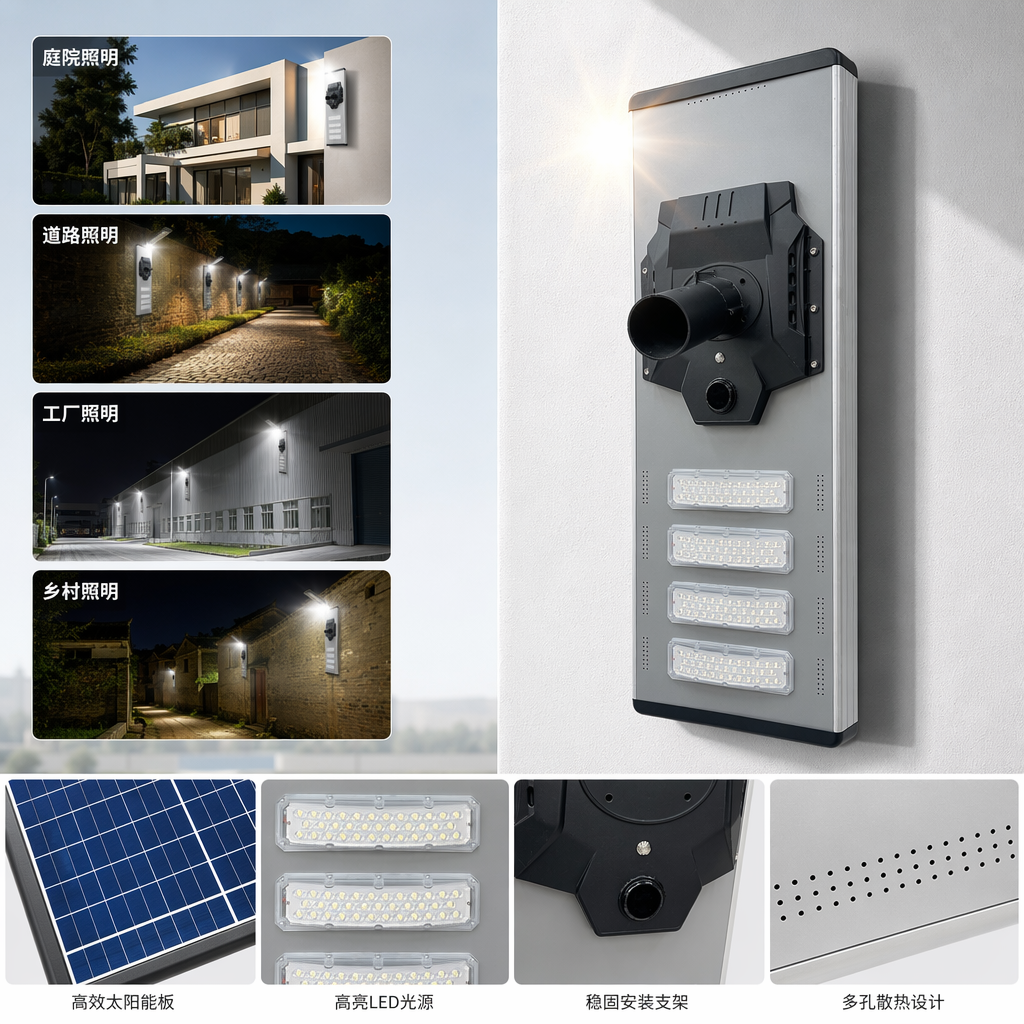 The grey vertical solar street lamp with a black top bracket and four sets of LED light strips