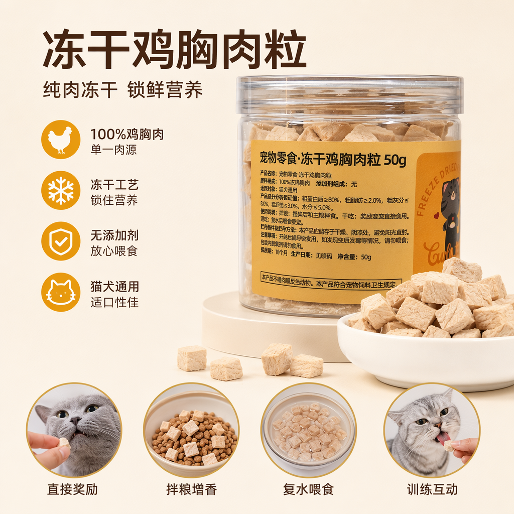Roll Tail SD-05 Pet Snack freeze-dried Chicken Breast cubes 50g per bucket