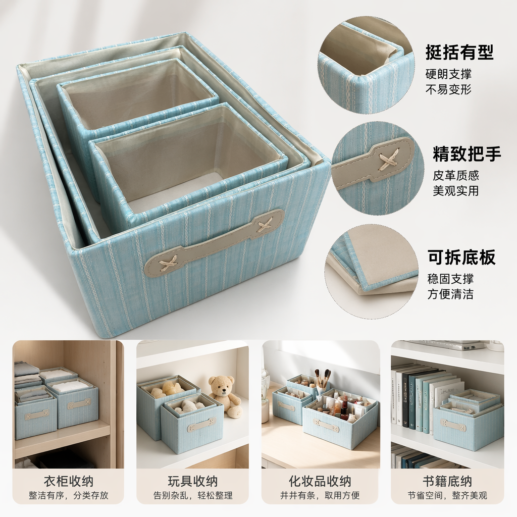 Light blue striped fabric storage box, home organization and storage box, simple style