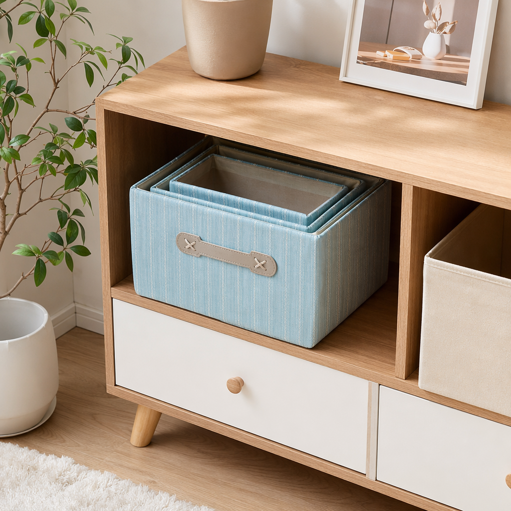 Light blue striped fabric storage box, home organization and storage box, simple style details Picture