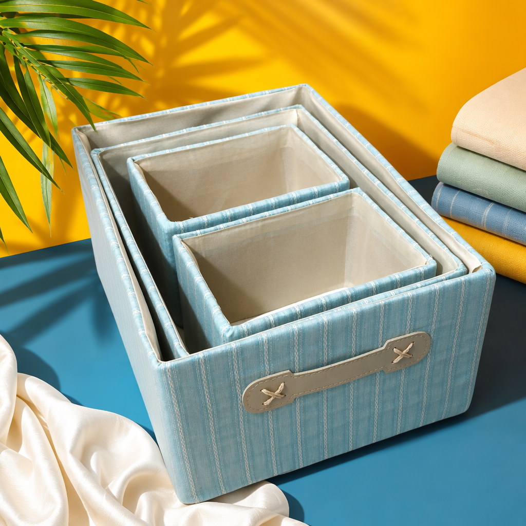 Light blue striped fabric storage box, home organization and storage box, simple style Specification image