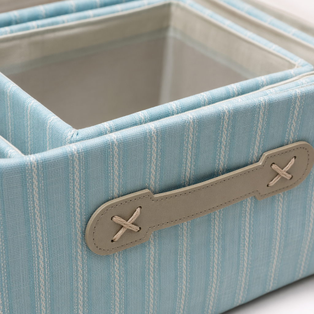 Light blue striped fabric storage box, home organization and storage box, simple style Application Scenario