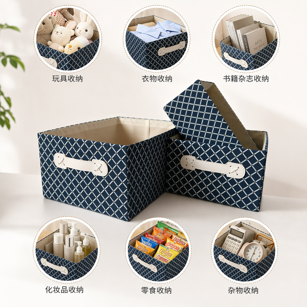 Blue and white checkered storage box, home desktop organization box, simple style storage box