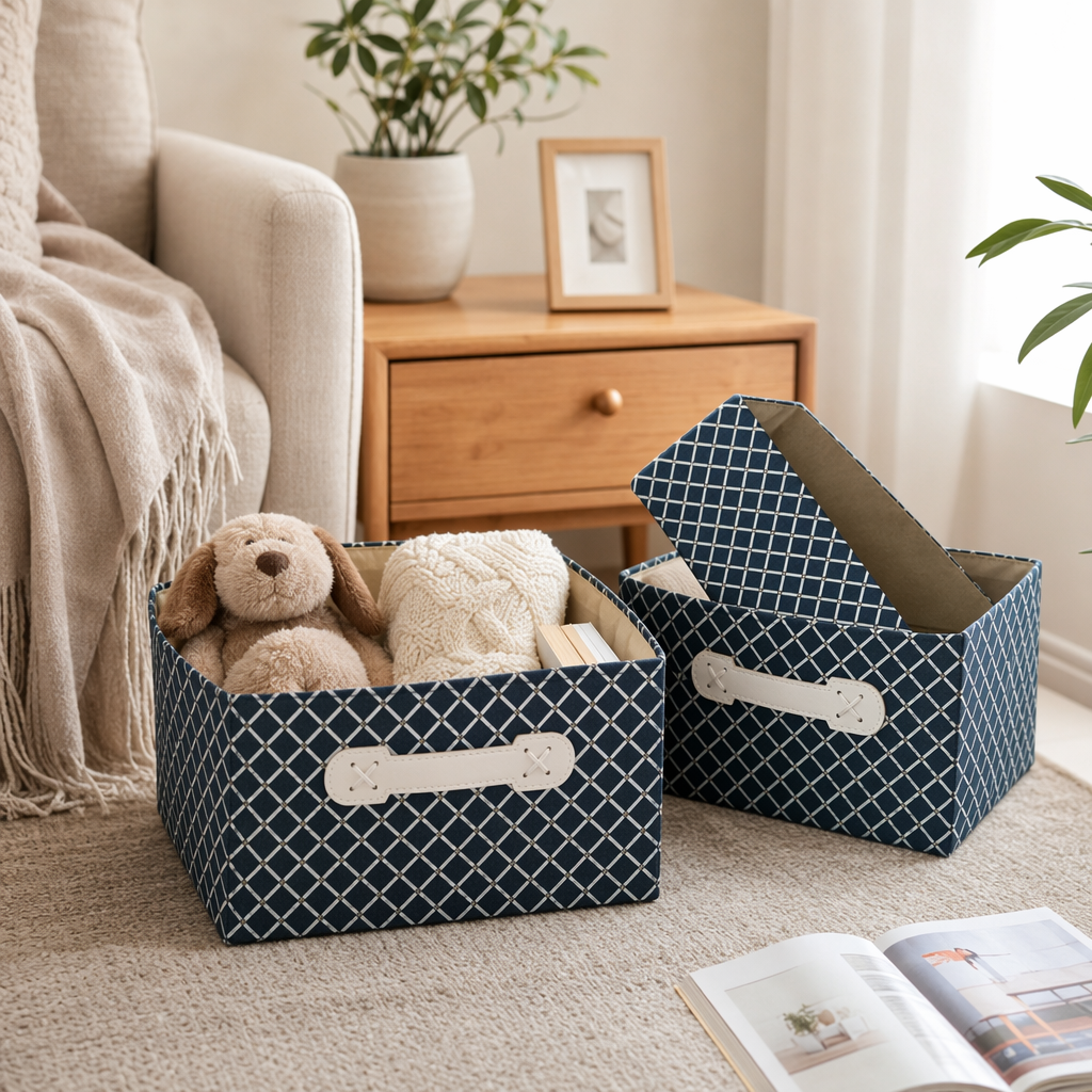 Blue and white checkered storage box, home desktop organization box, simple style storage box details Picture