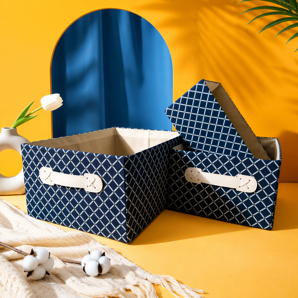 Blue and white checkered storage box, home desktop organization box, simple style storage box Specification image