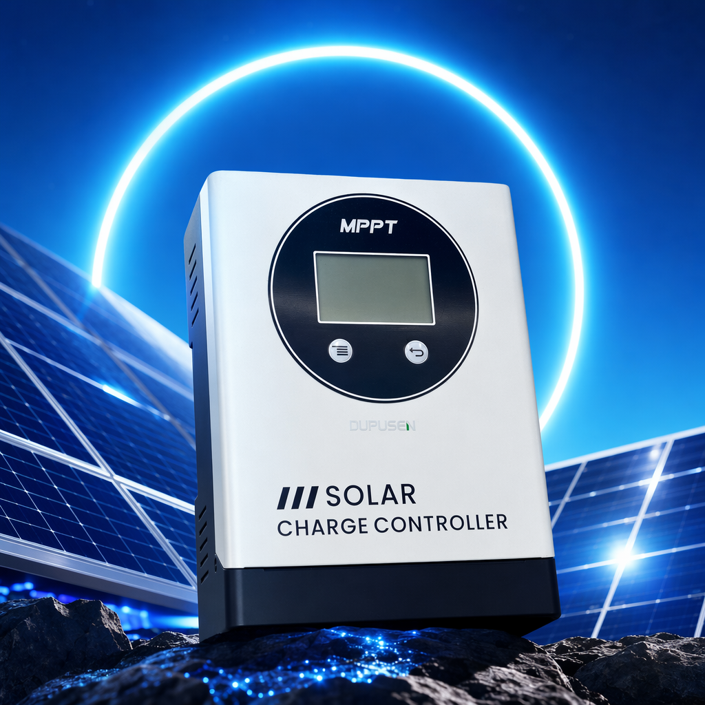 The white solar charging controller with an aluminum alloy casing is waterproof and dustproof, specifically designed for outdoor photovoltaic systems Specification image