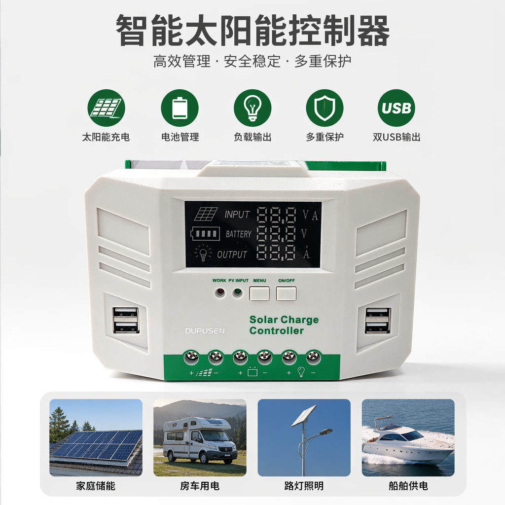 The beige solar charging controller features intelligent charging and discharging protection, compatible with both 12V and 24V