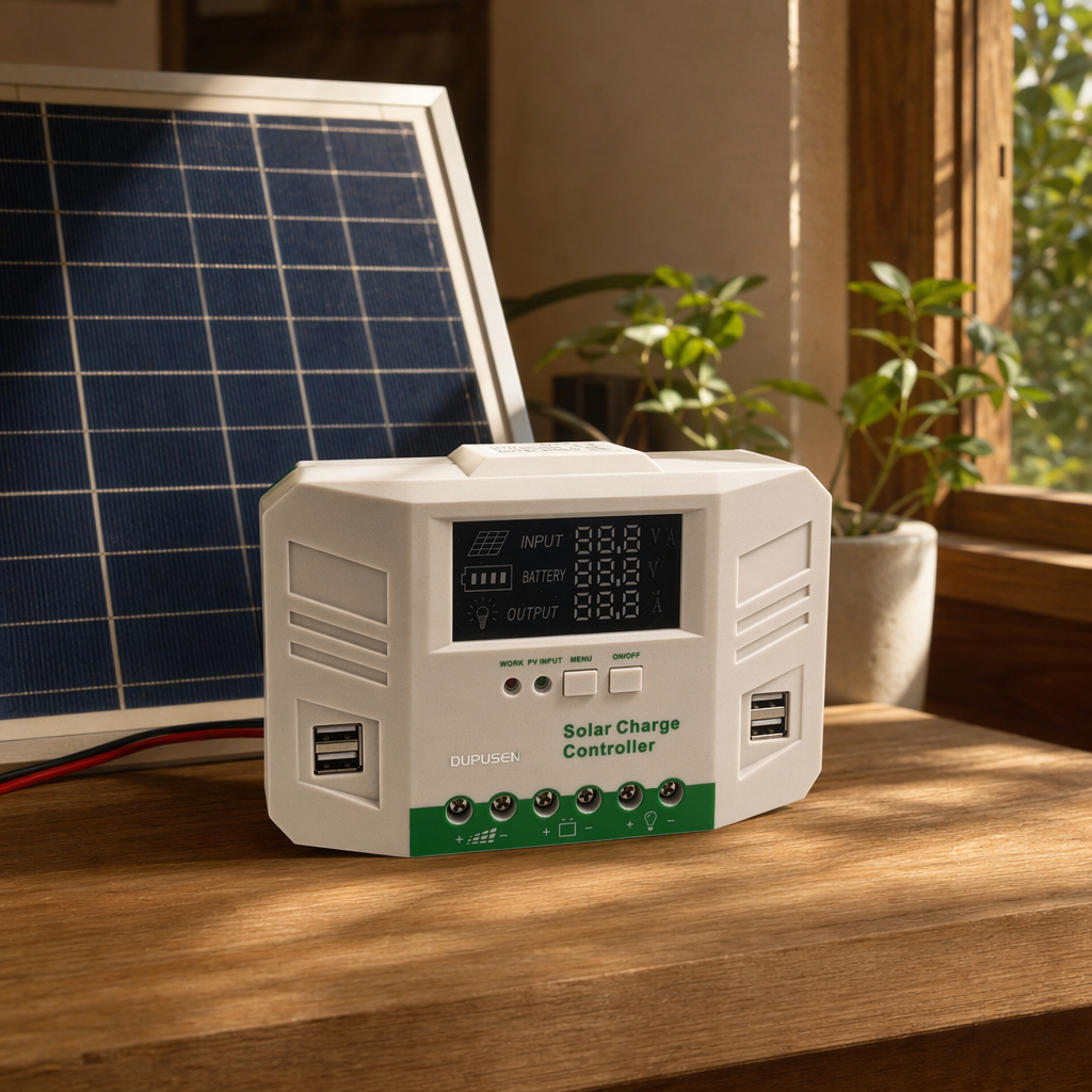 The beige solar charging controller features intelligent charging and discharging protection, compatible with both 12V and 24V details Picture