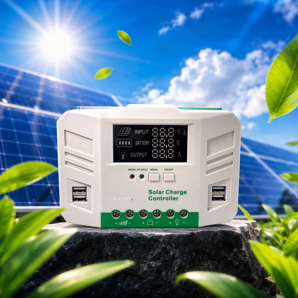 The beige solar charging controller features intelligent charging and discharging protection, compatible with both 12V and 24V Specification image
