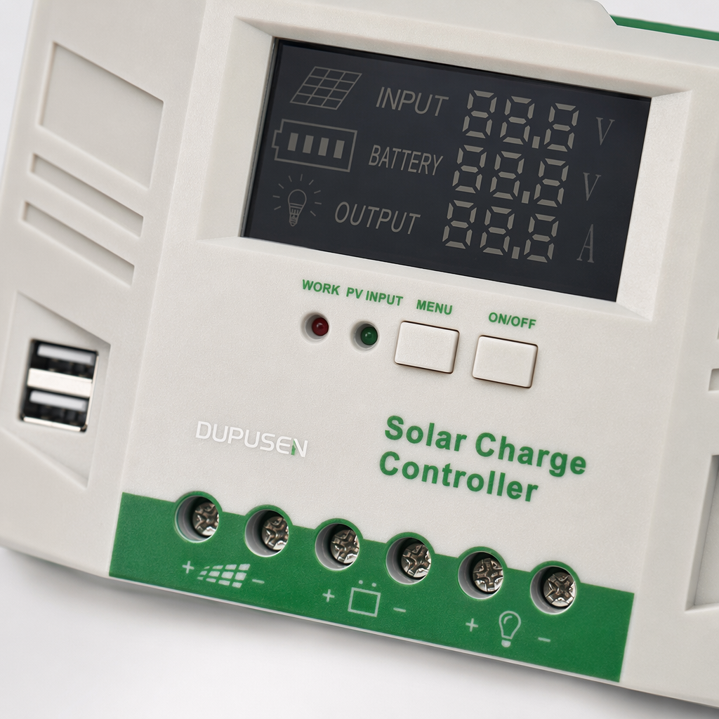 The beige solar charging controller features intelligent charging and discharging protection, compatible with both 12V and 24V Application Scenario