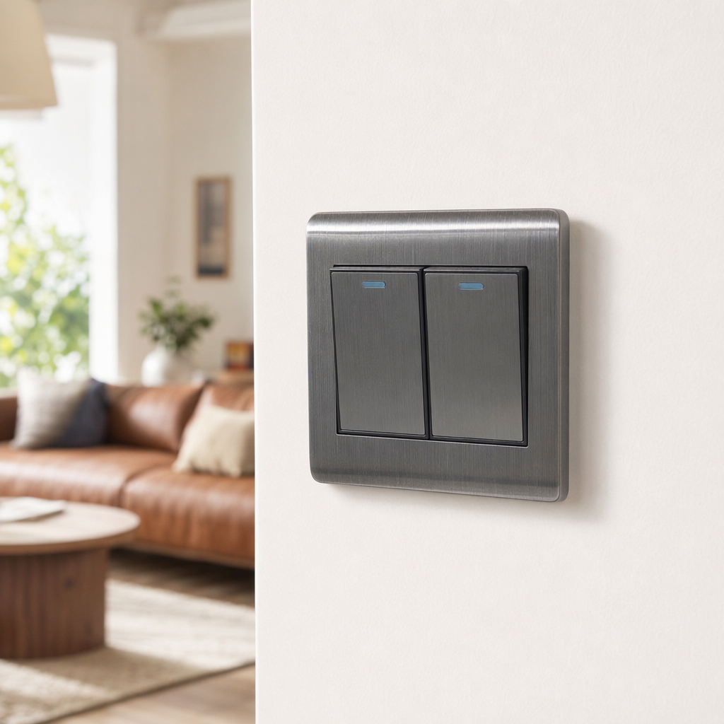 Q1 acero inoxidable plata de dos puertas interruptor de pared de control único hogar oficina universal impermeable y resistente al fuego especial para exportación details Picture