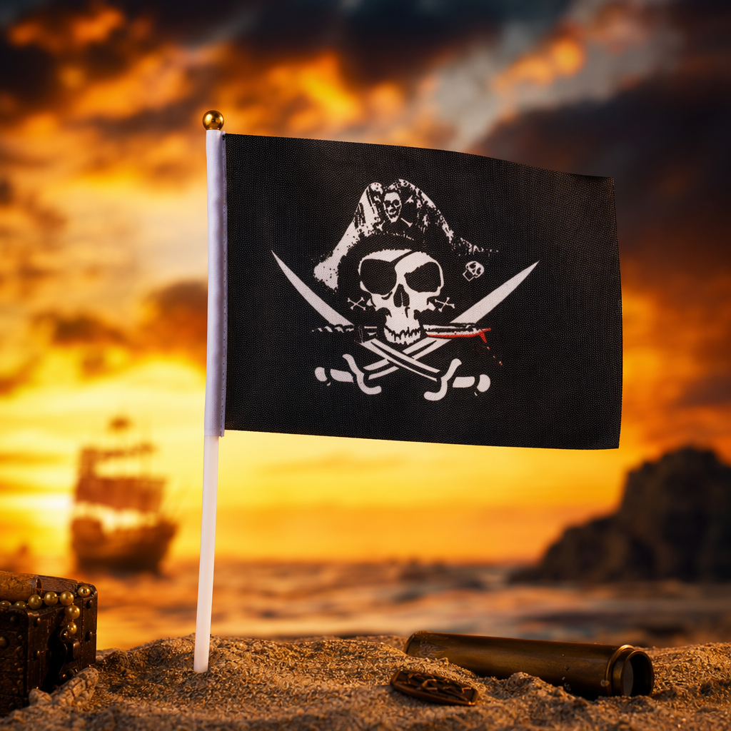 The black pirate flag is decorated with a skull and a cross scimitar pattern on the fabric wall flag Specification image