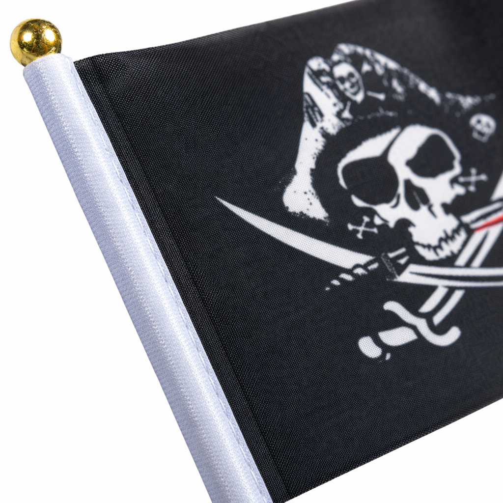The black pirate flag is decorated with a skull and a cross scimitar pattern on the fabric wall flag Application Scenario