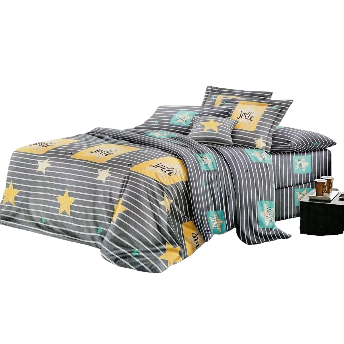 A four-piece set of pure cotton bed sheets and duvet covers with grey stripes and star prints Item Picture