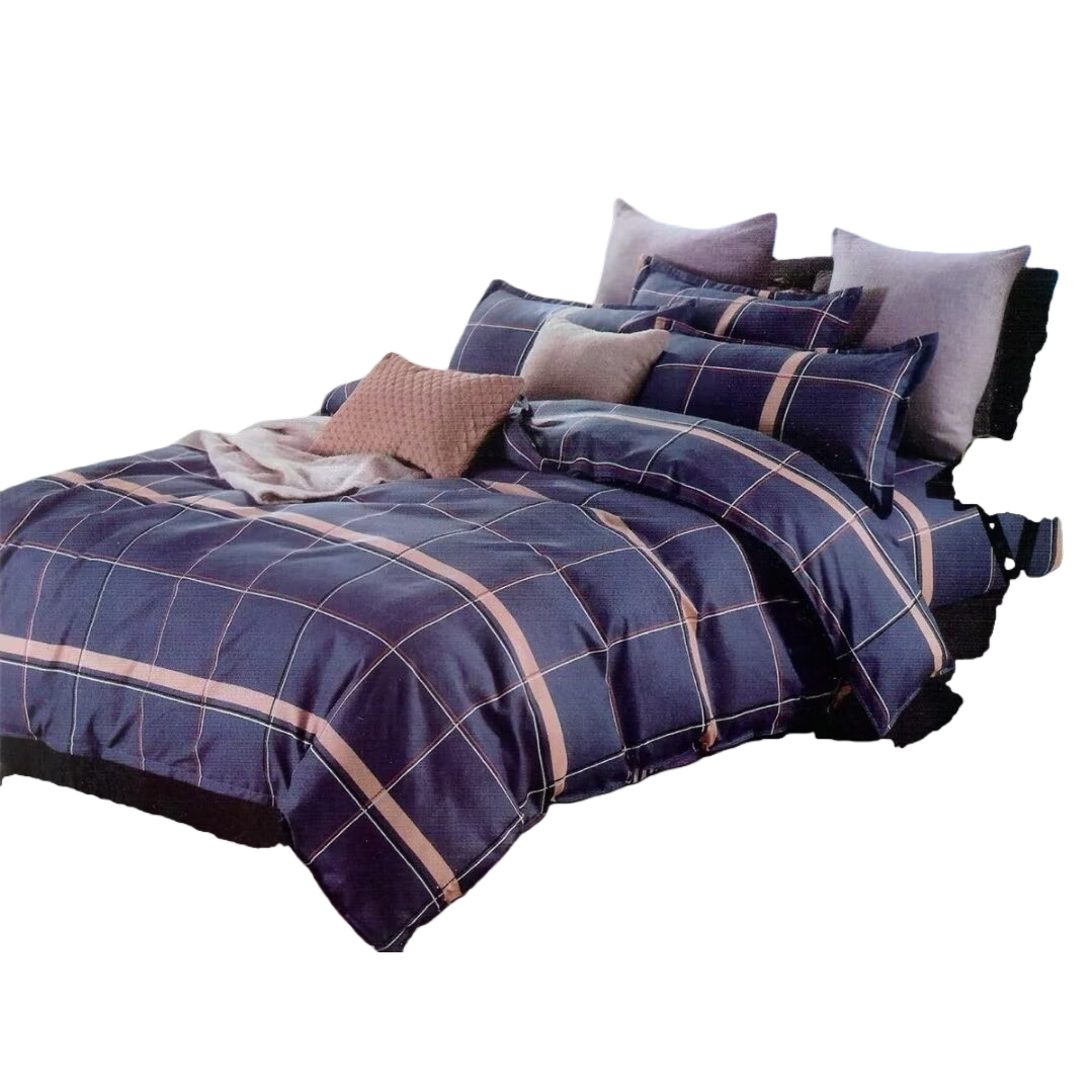 Conjunto de cama de algodón a cuadros azul oscuro de 4 piezas con funda de edredón y funda de almohada Item Picture