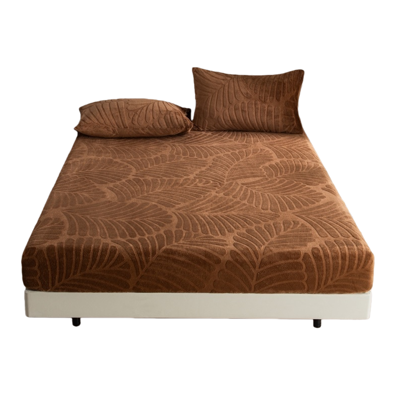 Cama de vetas de color marrón texturizado conjunto de cuatro piezas de algodón respetuoso de la piel con dobladillo antideslizante Item Picture
