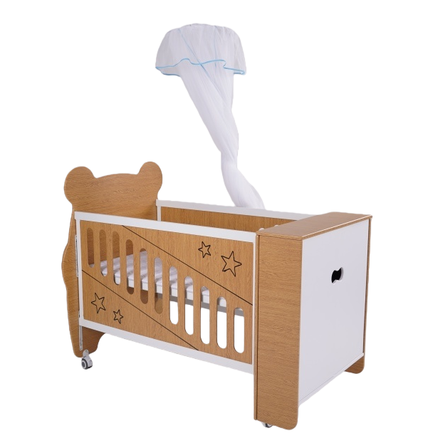 Solid wood baby cribs, children's furniture, home decoration building materials, environmentally friendly, safe, adjustable guardrails Application Scenario