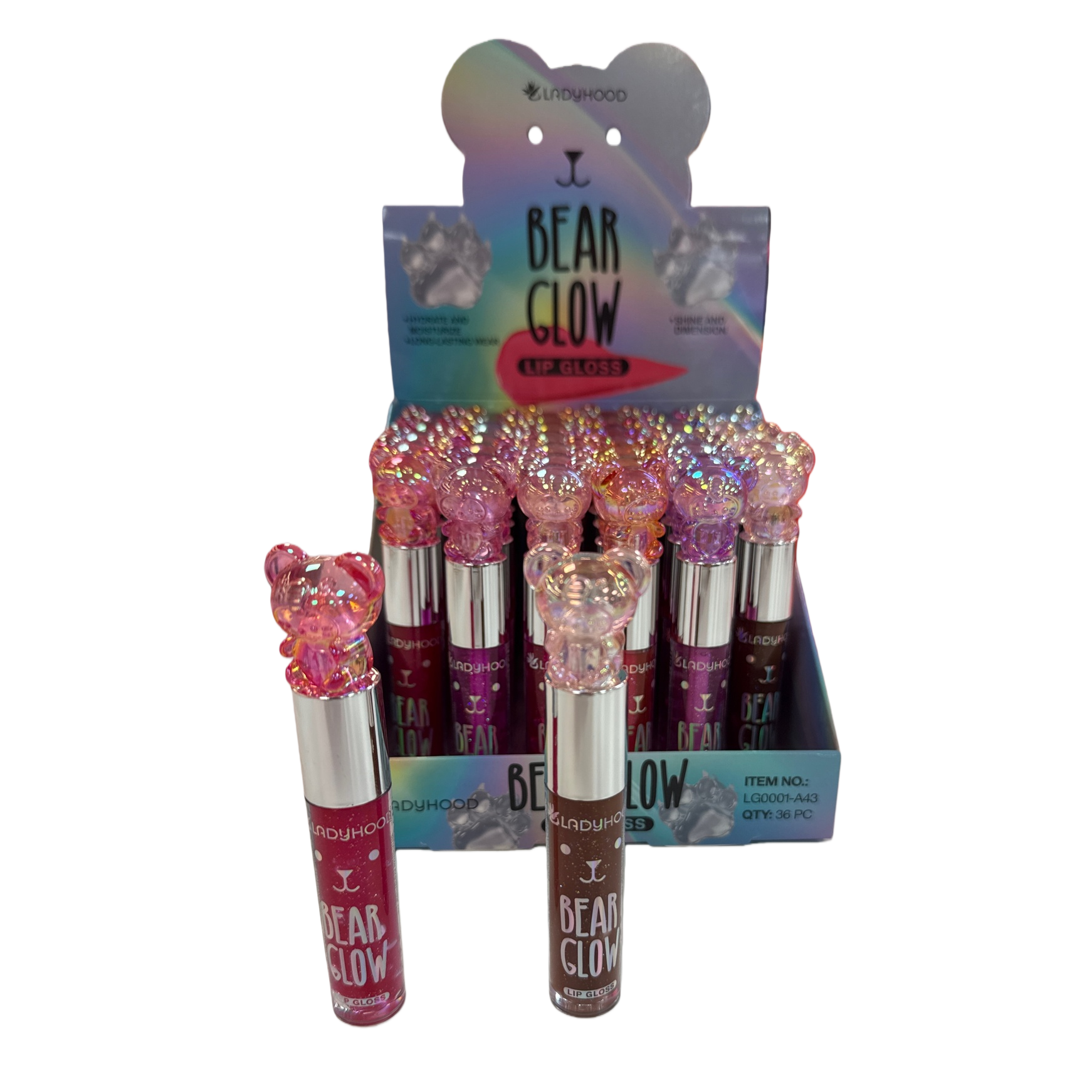 Colorful bear-shaped LIP GLOSS display stand BEAR GLOW LIP GLOSS Rainbow gradient Bear box Pink Brown Double Display Item Picture