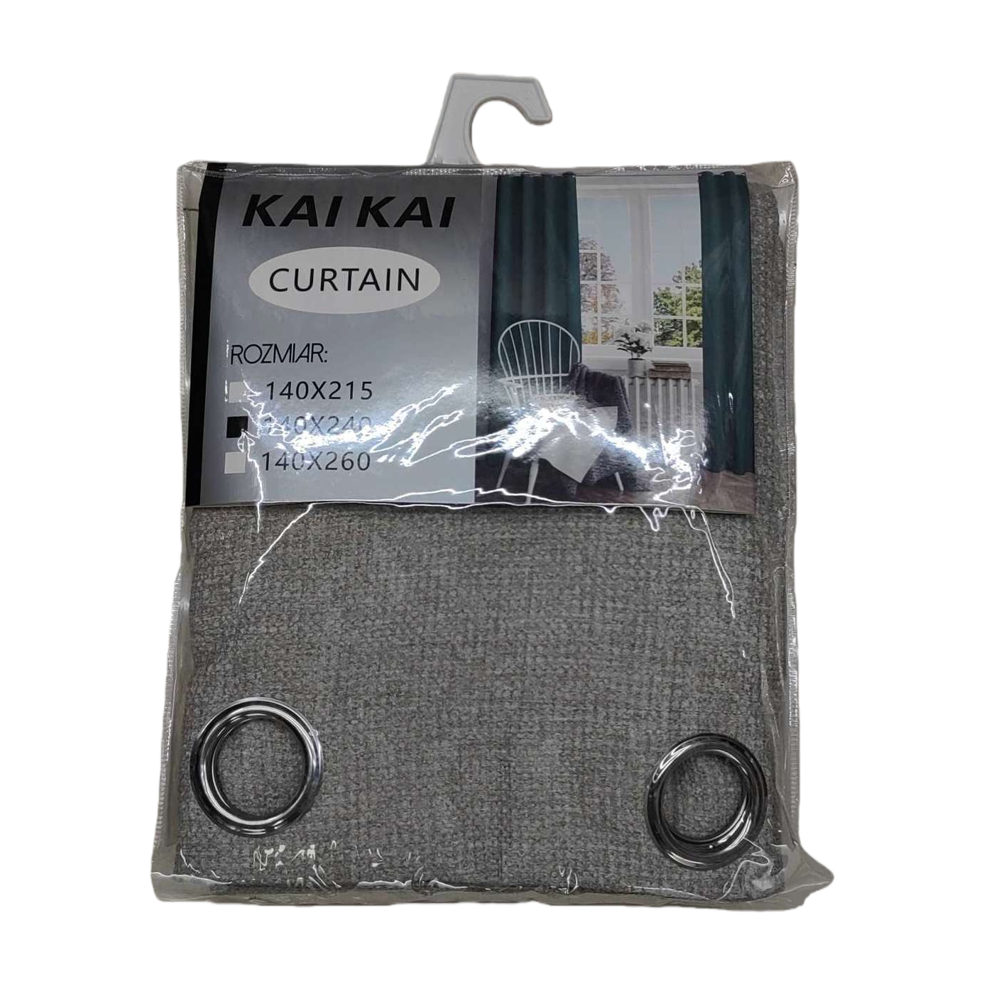 The grey curtain packaging comes with metal rings and labels Item Picture