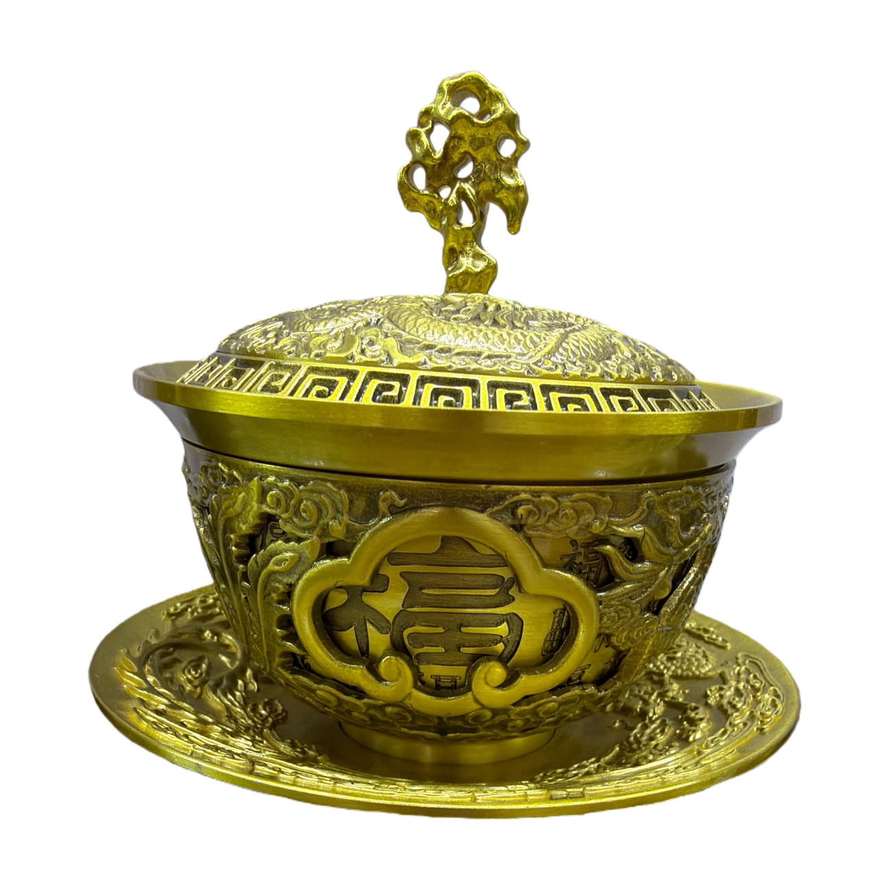 Golden dragon-patterned "Fu" character covered bowl ceramic tea set, hand-gilding technique Item Picture