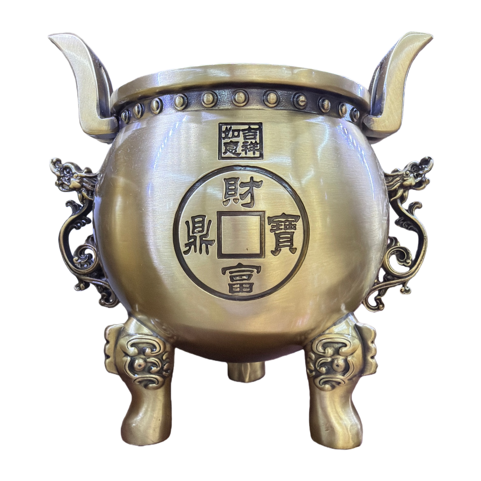 A golden incense burner with three legs and two ears, a treasure tripod, and a seal of wealth, good fortune and happiness Item Picture