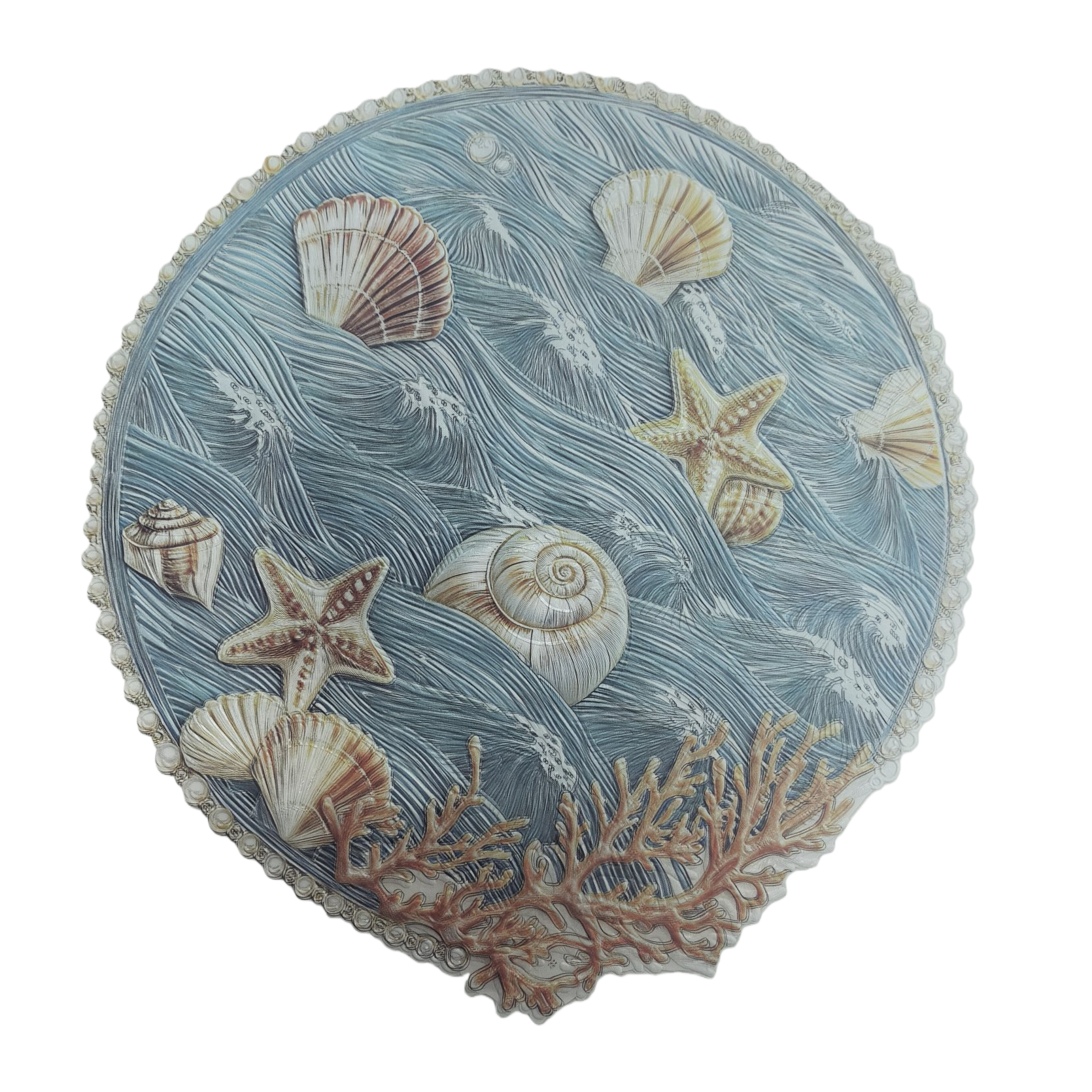 The blue wavy round ocean-style placemat contains elements of shells, starfish, snails and corals
