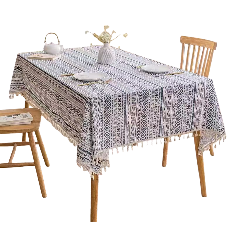 Thick cotton and linen tablecloth with blue and white geometric patterns, 140x220cm Item Picture