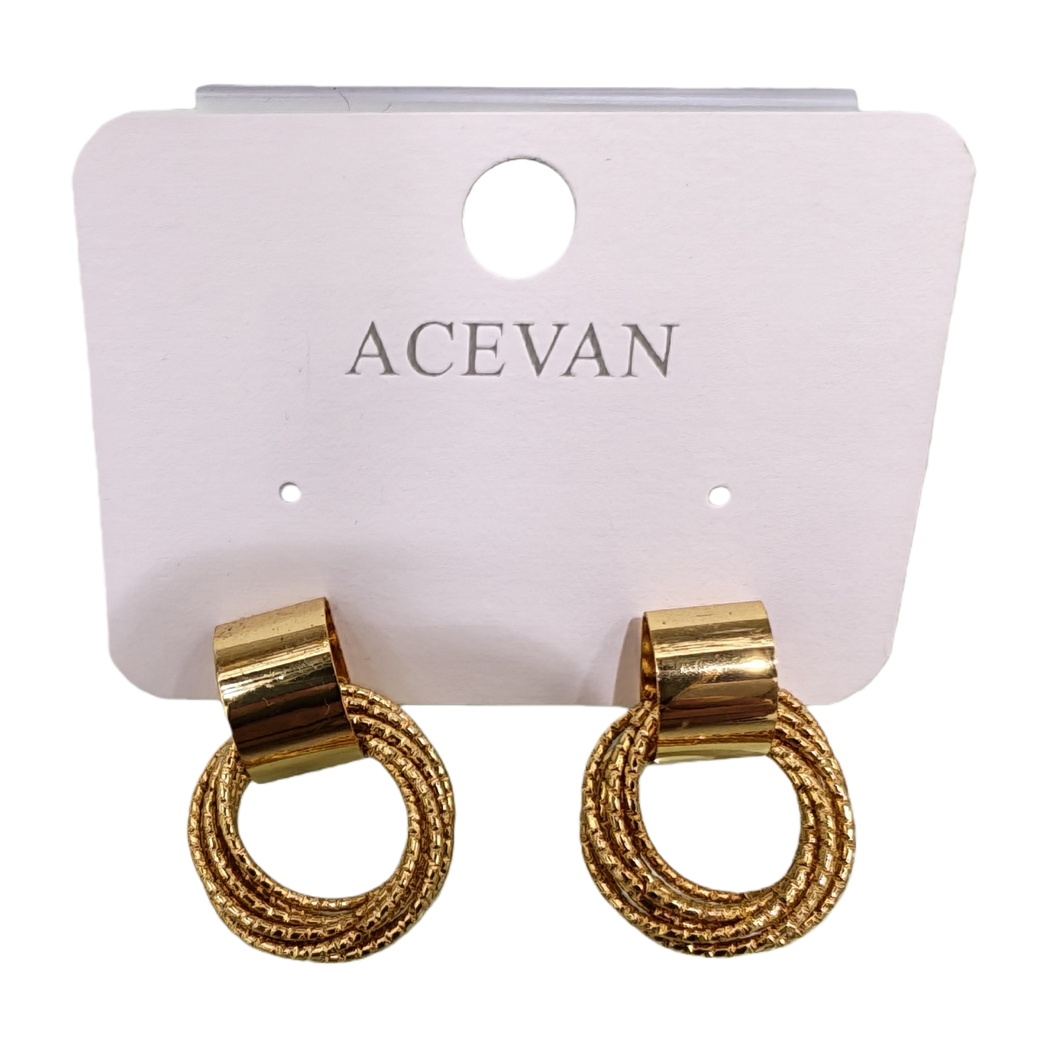 Pendientes de aro ACEVAN dorados con conector cilíndrico texturizado trenzado con etiqueta de marca rosa Item Picture