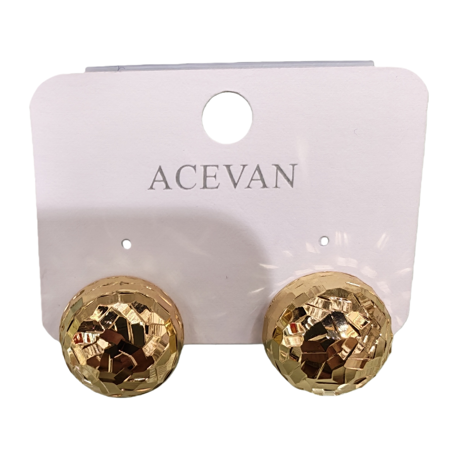 Two ACEVAN golden diamond-patterned round ear studs with sparkling polyhedral cut light pink cards Item Picture