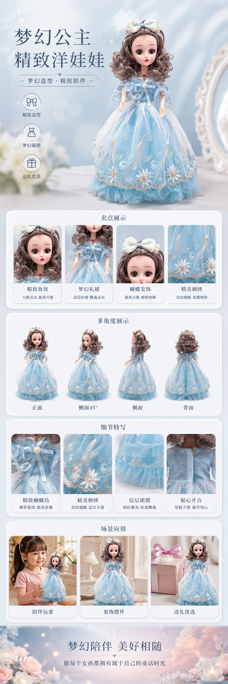 蓝色礼服娃娃女童节日派对装饰摆件详情1