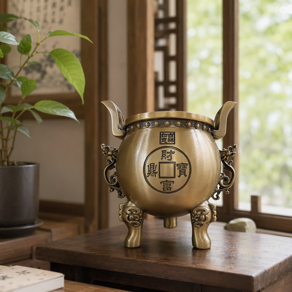 A golden incense burner with three legs and two ears, a treasure tripod, and a seal of wealth, good fortune and happiness details Picture