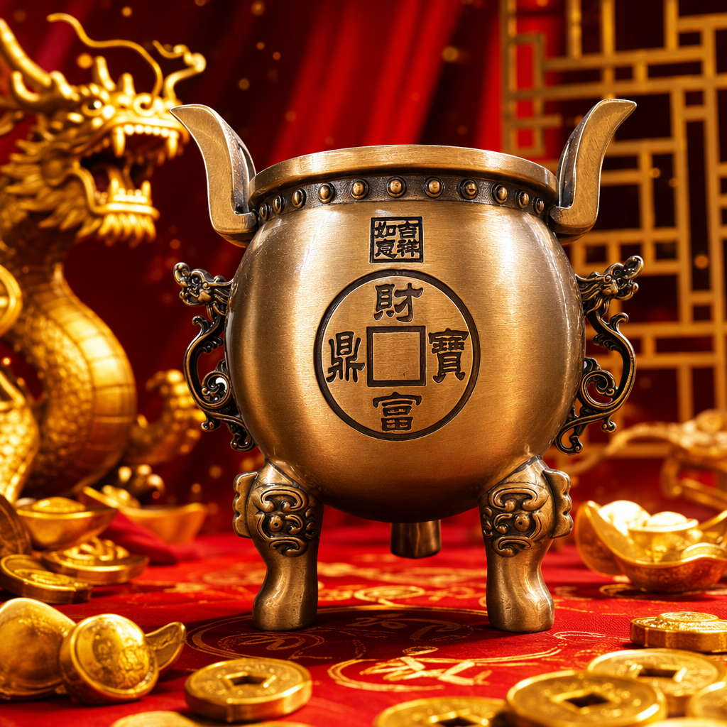 A golden incense burner with three legs and two ears, a treasure tripod, and a seal of wealth, good fortune and happiness Specification image