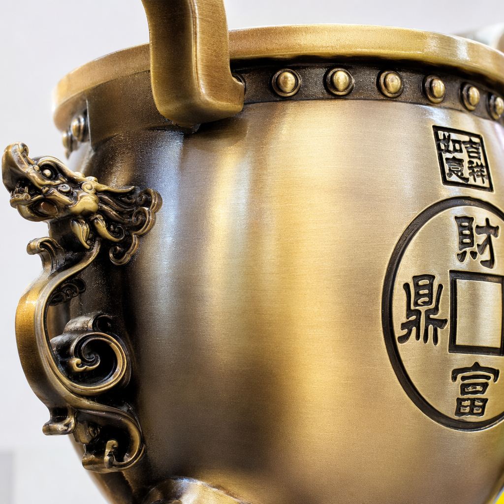 A golden incense burner with three legs and two ears, a treasure tripod, and a seal of wealth, good fortune and happiness Application Scenario