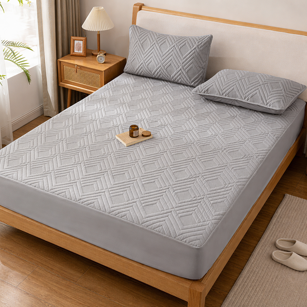 The grey geometric pattern mattress protective pad is anti-slip, waterproof, breathable and machine washable details Picture