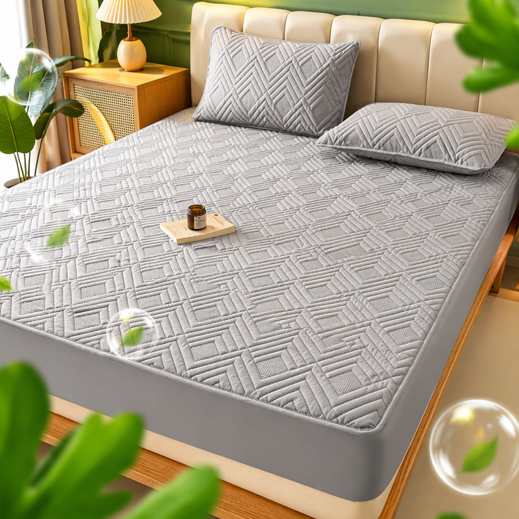 The grey geometric pattern mattress protective pad is anti-slip, waterproof, breathable and machine washable Specification image