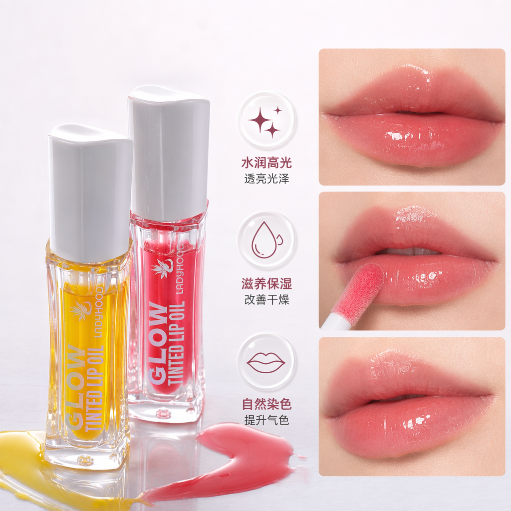 Transparent bottle with a white cap lip oil for moisturizing, hydrating and brightening lip care