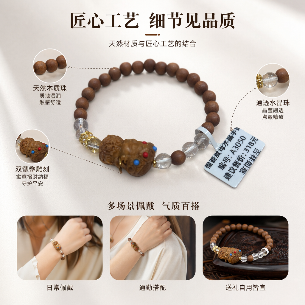 Brown wooden carved beaded bracelet with natural wood grain, simple and fashionable, suitable for both men and women